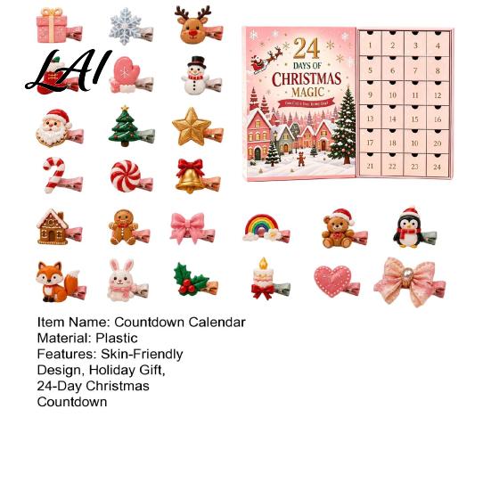 Christmas Party Advent Calendar, 24-Day Clip Hair Styling Girls Countdown Box with Festive Accessories