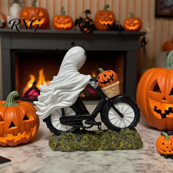 Ghost Figurine for Halloween Decoration Riding Motorcycle Figurine, Novelty Rider Resin Small with Pumpkins Statue Pumpkin Indoor Home Desk