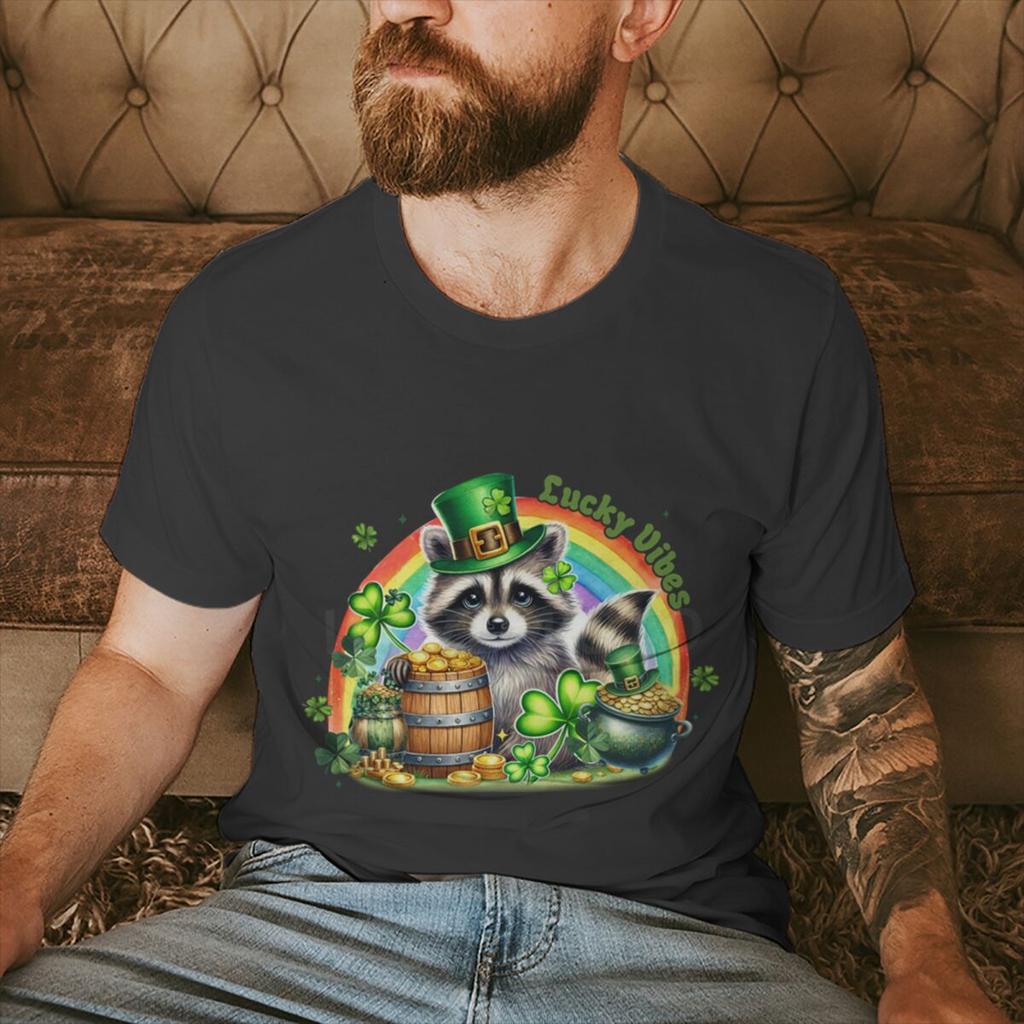 St Patricks Day Raccoon Shirt Lucky Vibes Short Sleeve Round Neck Tee Cartoon Lucky Raccoon St Patricks Day Unisex TShirt
