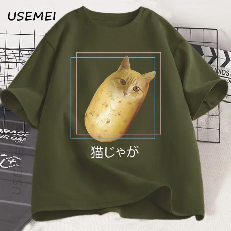 Смешная футболка Кот-Картошка Мем-футболка Neko Японский Котенок Забавная футболка Хлопковые футболки Унисекс Унисекс Повседневные Оверсайз футболки Одежда