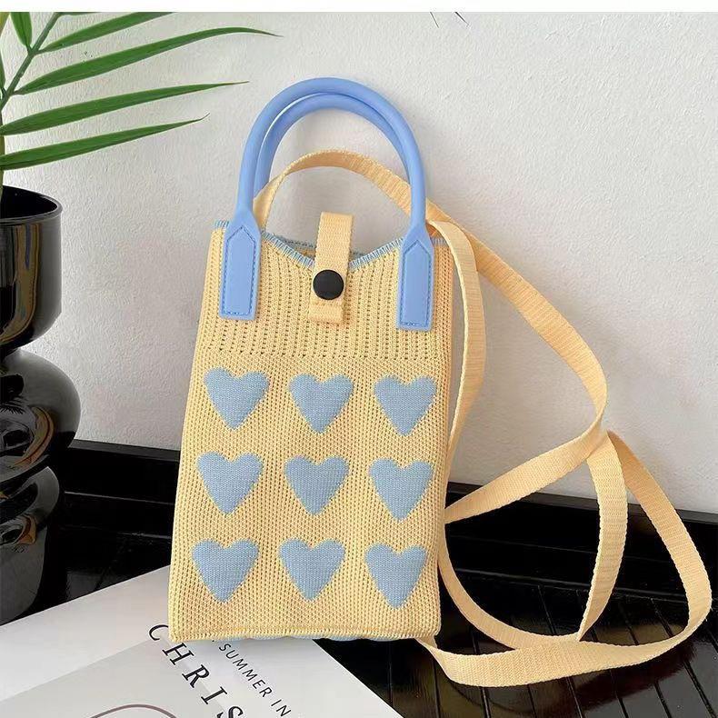 Women Cartoon Knitted Handheld Outdoor Crossbody Bag Leisure Cute Inclined Shoulder Bags Snap Button Mobile Phone Bags
