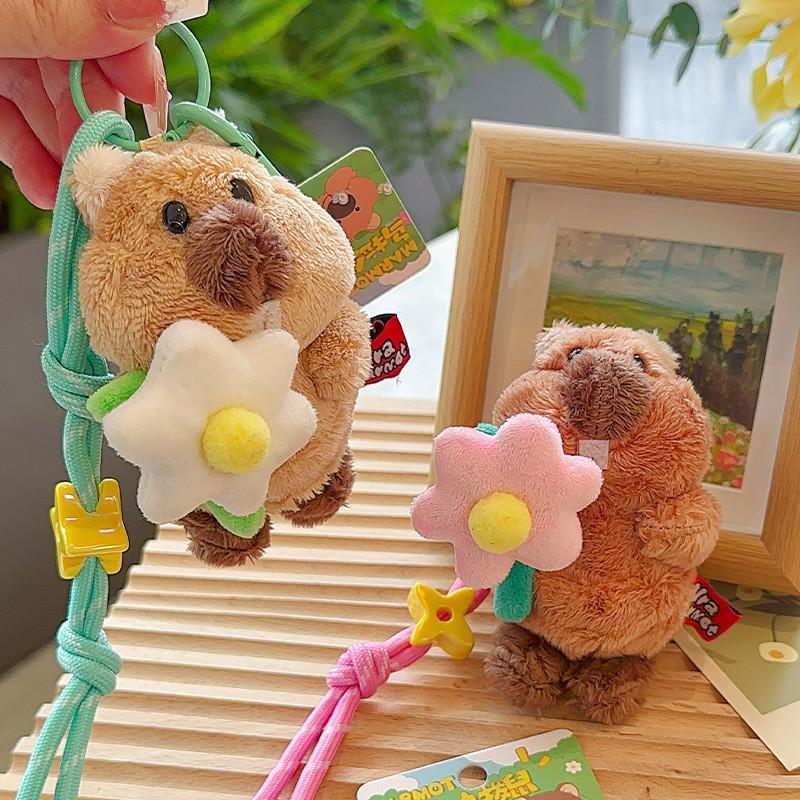 Groundhog Picking Flower Plush Pendant Cute Cartoon Animal Keychain Small Gift