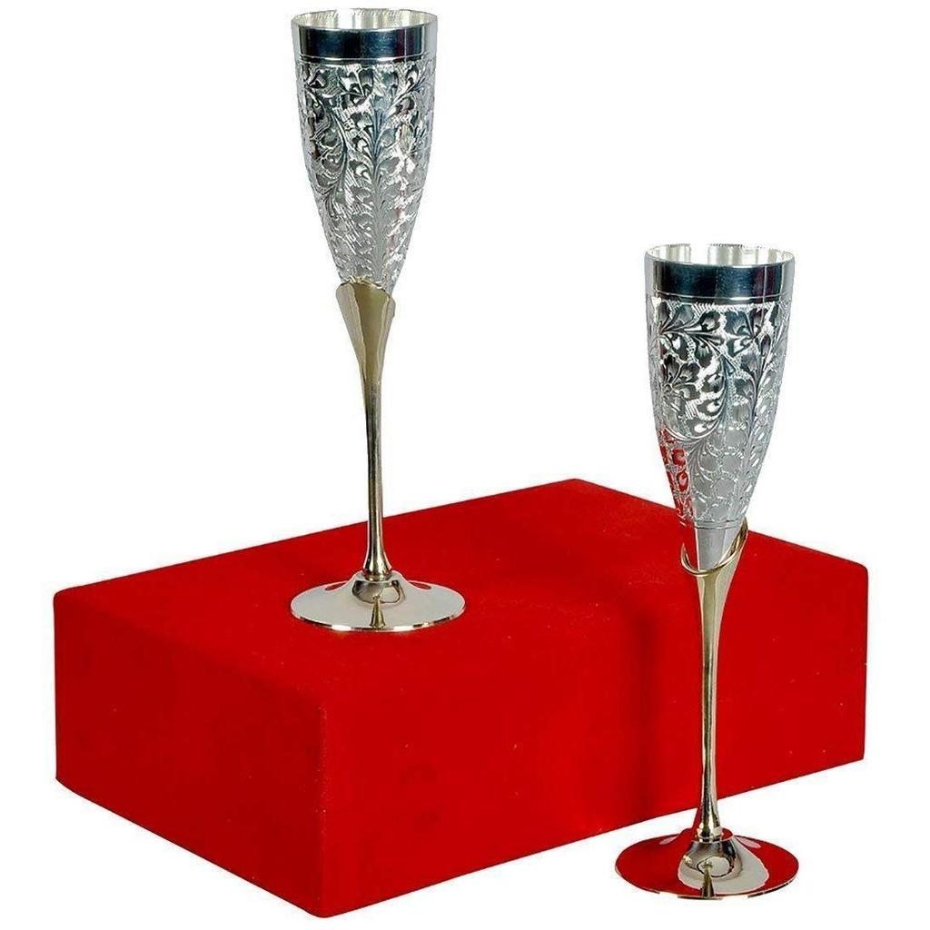 Wine Glass 100 Ml (Set Of 2) | Silver Plated Goblet Flute Wine Glass With Velvet Box Packing