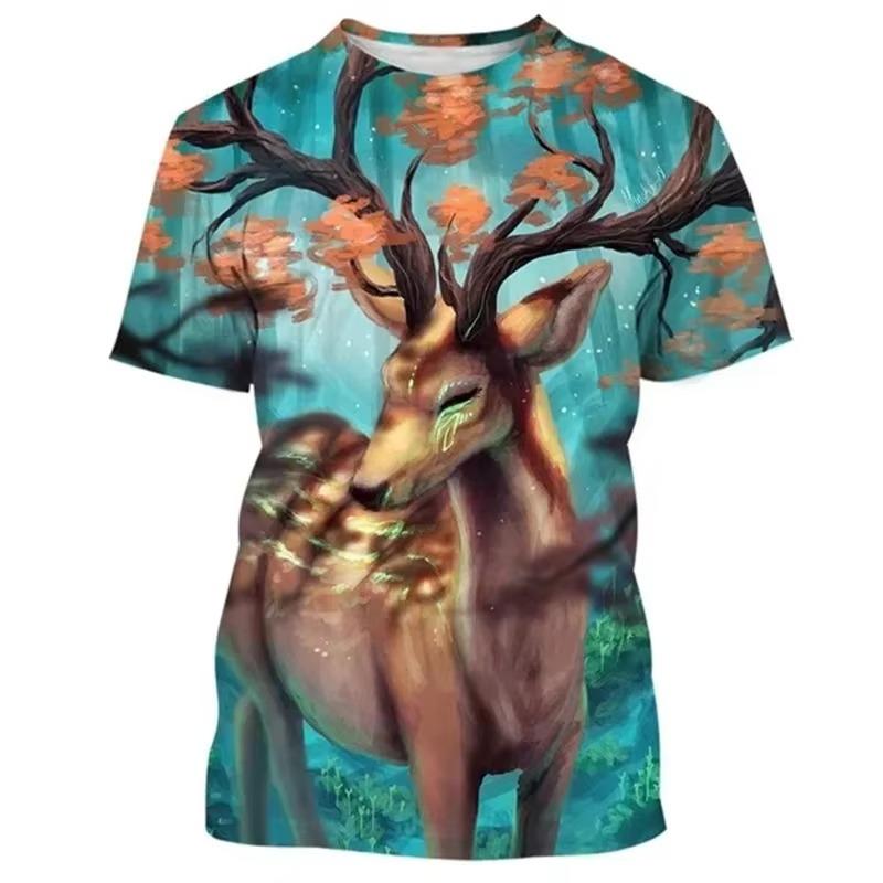 Deer 3D Printing T-shirt Funny Animal Hunting Graphic Short Sleeve Round Neck Tee Shirt Men's Outdoor Trend Personality Tees