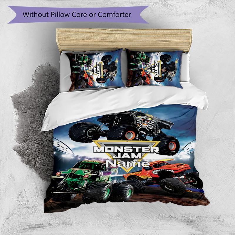 3pcs Custom Name Cartoon Monster Jam Bedding Set Duvet Cover Closure Includes 1 Duvet Cover & 2 Pillowcases for All Seasons Bedroom Decor