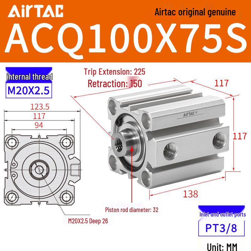 Тонкий цилиндр Airtac с высоким усилием серии ACQ (Размеры: 100/80X10-50SB)