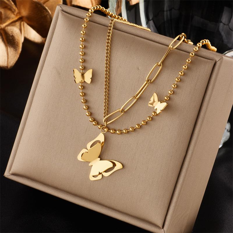 Vintage Layered Chain Butterfly Moon Pearl Pendant Necklace for Women