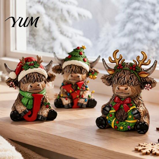 Artistic Desktop Decorations 3Pcs Christmas Highland Cow Figurine, Resin Yak Statues with JOY Letter Sign, Ornaments for Home Decor Farmhouse Tabletop