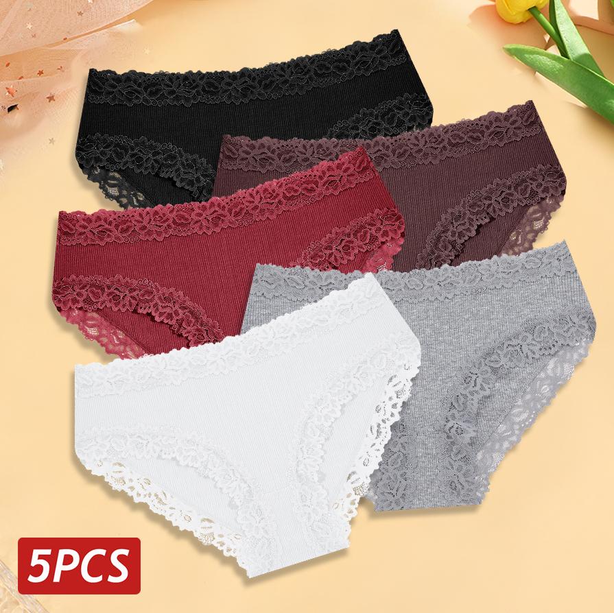 5PCS Cotton Panties Women Floral Lace Briefs Seamless Sexy Lingerie Low Rise Elastic Underpant Female Breathable Soft Underwear
