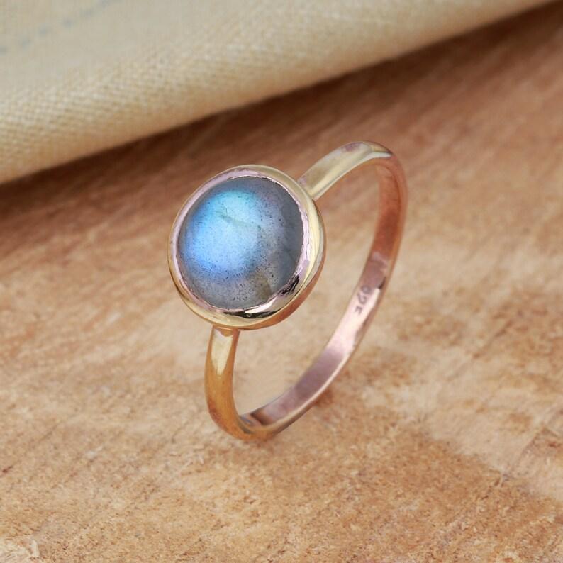 Labradorite Round Gemstone Ring, Rose Gold Ring, Handmade Jewelry, Statement Ring, 925 Sterling Silver