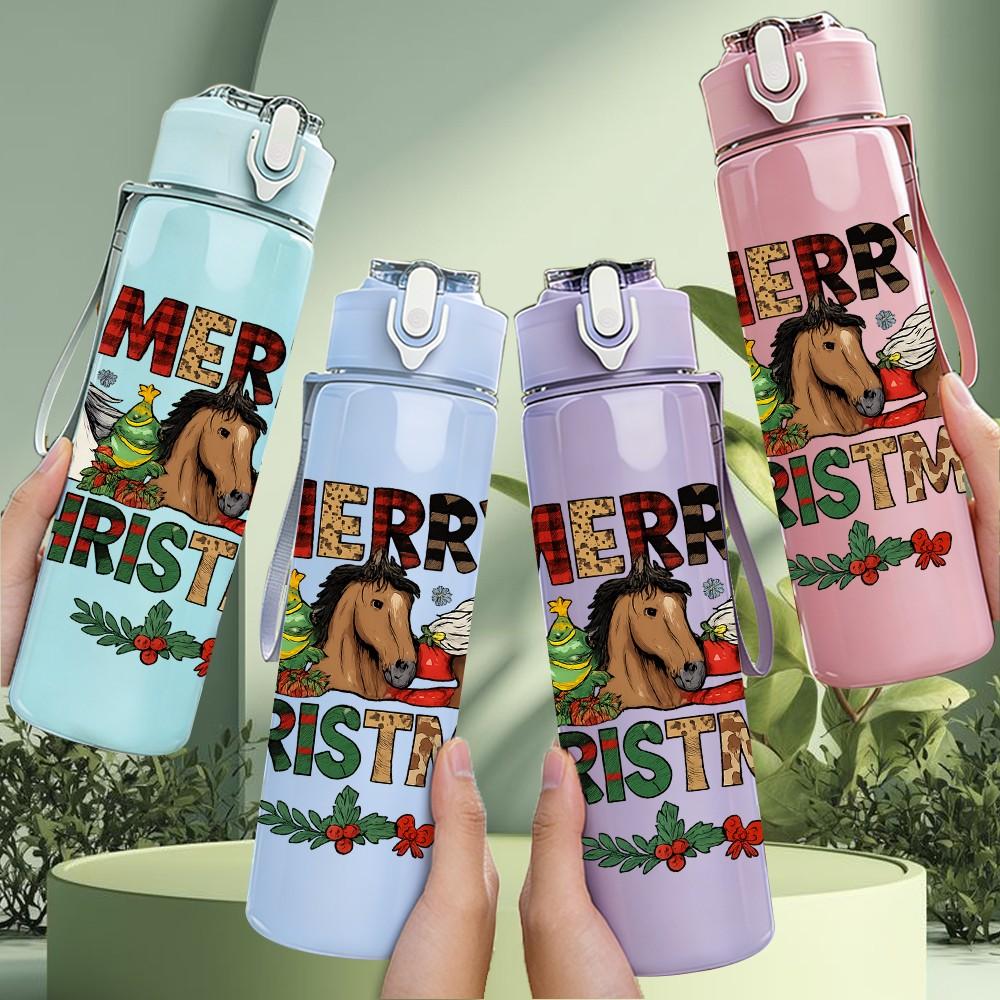 1PC Merry Christmas Horse 750ml Color Plastic Sports Water Bottle Leakproof Flip Straw Lid Suitable for Sports Office Home Use