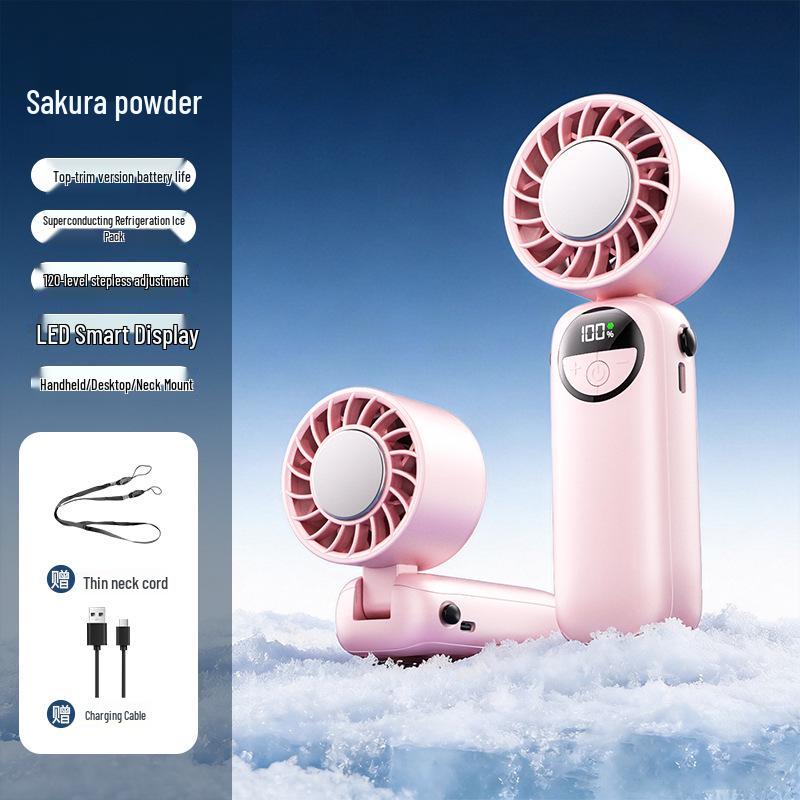 Handheld Mini Portable Fan with Long Battery Life, USB Charging, Cooling Ice Pack, and Foldable Design.