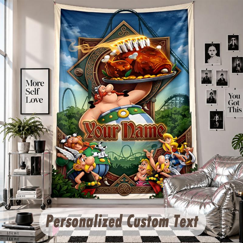 Wall Hanging Tapestry With Custom Name & Text, Asterix & Obelix Decorative Tapestry For Bedroom