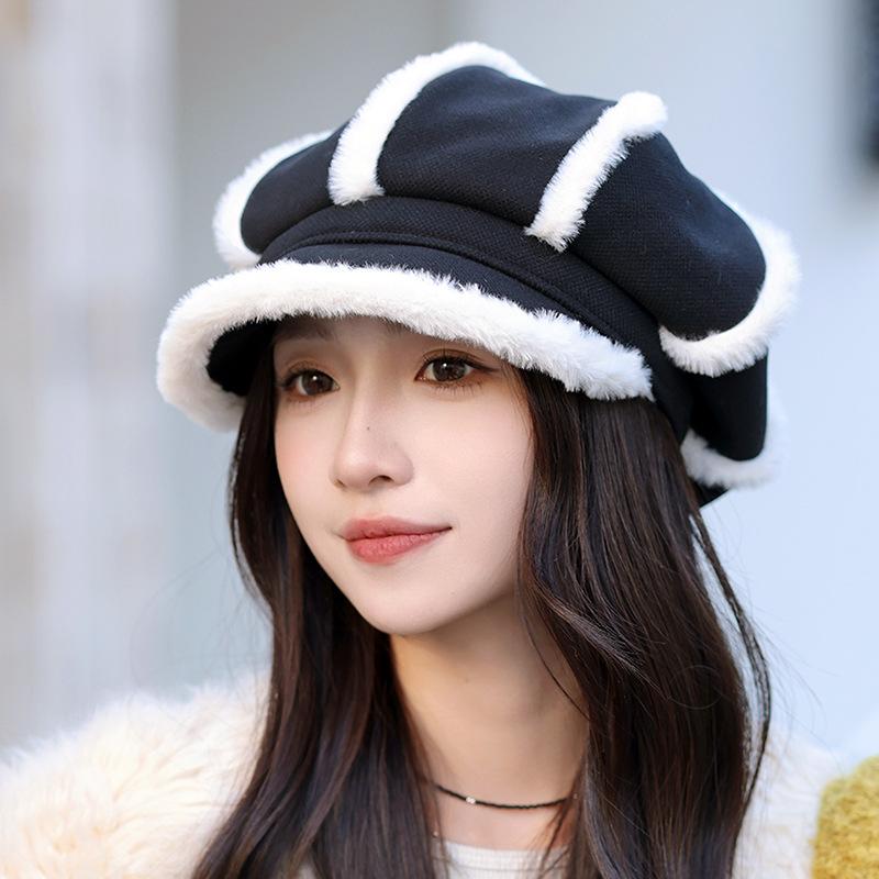 Thickened plush octagonal hat outdoor fashion cap female winter warm painter newsboy hat tide