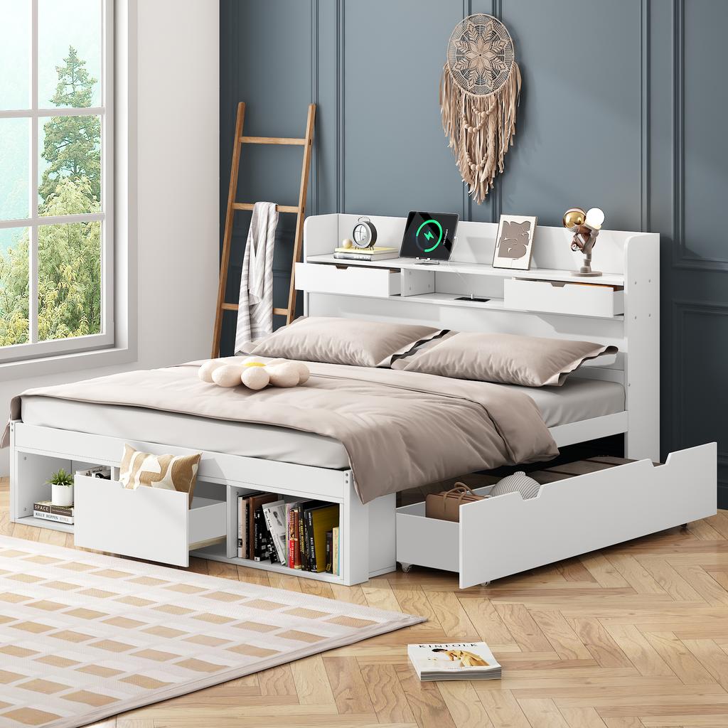 Double Bed, 160*200cm, With USB Port & Drawers & Storage Cabinet, Children's Bed, Multifunctional Bed, Large Storage Space, without Mattress, White