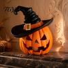 Weighted Solid Resin Figurines Halloween Pumpkin Ornament with Witch Hat, Jack O Lantern Decorative Lamp, Creepy Script Killing Props Spooky