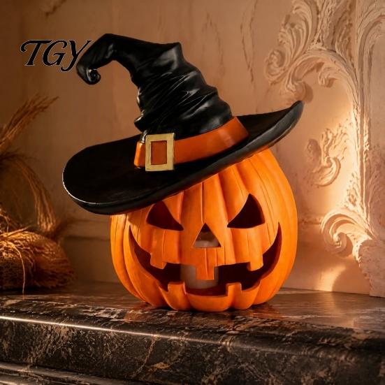 Weighted Solid Resin Figurines Halloween Pumpkin Ornament with Witch Hat, Jack O Lantern Decorative Lamp, Creepy Script Killing Props Spooky