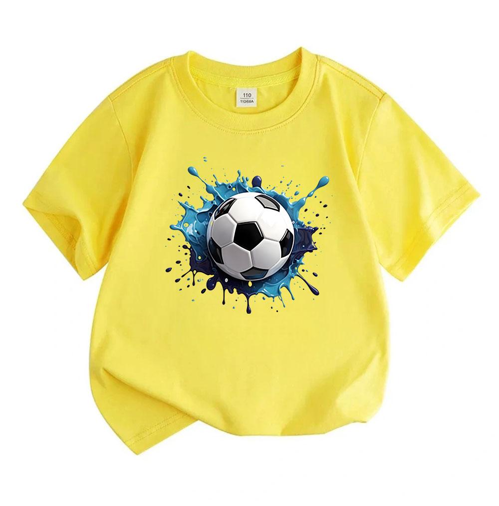 Kids Boys Girls 100% Cotton Crew Neck Short Sleeve T-Shirt, Classic Soccer Ball Blue Ink Splash Pattern Casual Soft Breathable Tee for Daily Outdoor S