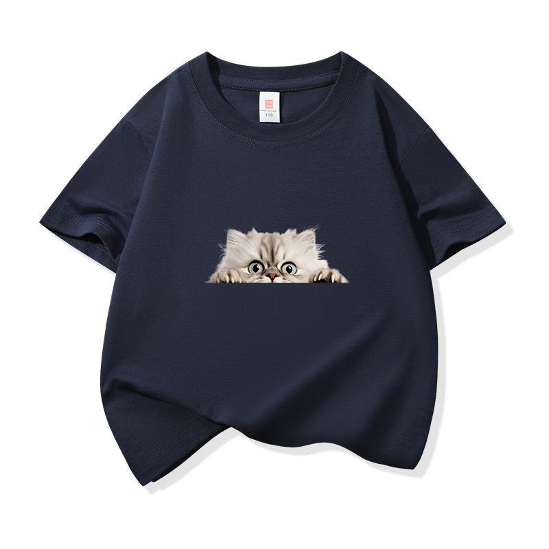 Kids Cotton T Shirt Peeking Persian Cat Pattern Print Crew Neck Short Sleeve Tee Casual Breathable Boys Girls Summer Tops