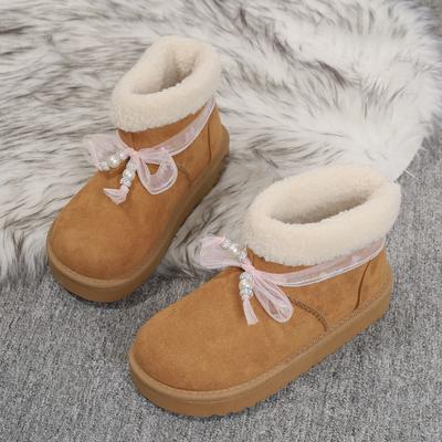 Модные ботинки на платформе, зимние женские модные ботинки с круглым носком из замши, с бисером и бантом, плюс шерстяной теплый рукав, нескользящие ботинки с коротким голенищем