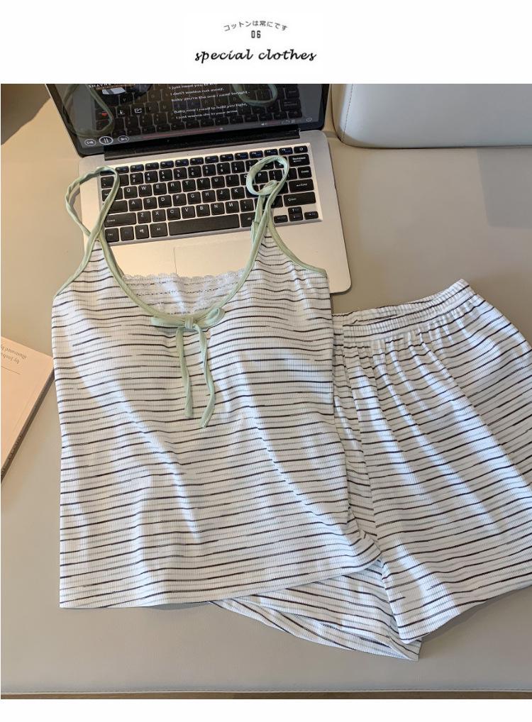 2026 Summer Green Striped Camisole Pajama Set with Butterfly Knot for Women Homewear