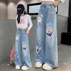 Spring Autumn Girls' Cartoon Pattern Jeans for Girl Loose Straight Denim Pants Lovely Print Kids Long Trousers