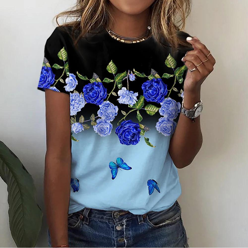 Summer Fashion Women's T-Shirt 3d Floral Print T Shirt Large Size Butterfly Top Woman Clothing Everyday Female Short Sleeve Tees