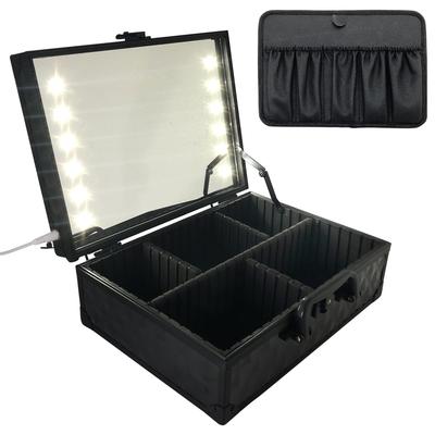 Косметичка AKUSTOK с LED-подставкой, большой профессиональной USB-держателем для кистей, зеркалом, подсветкой, портативная, вместимостью, подключением, (черный)