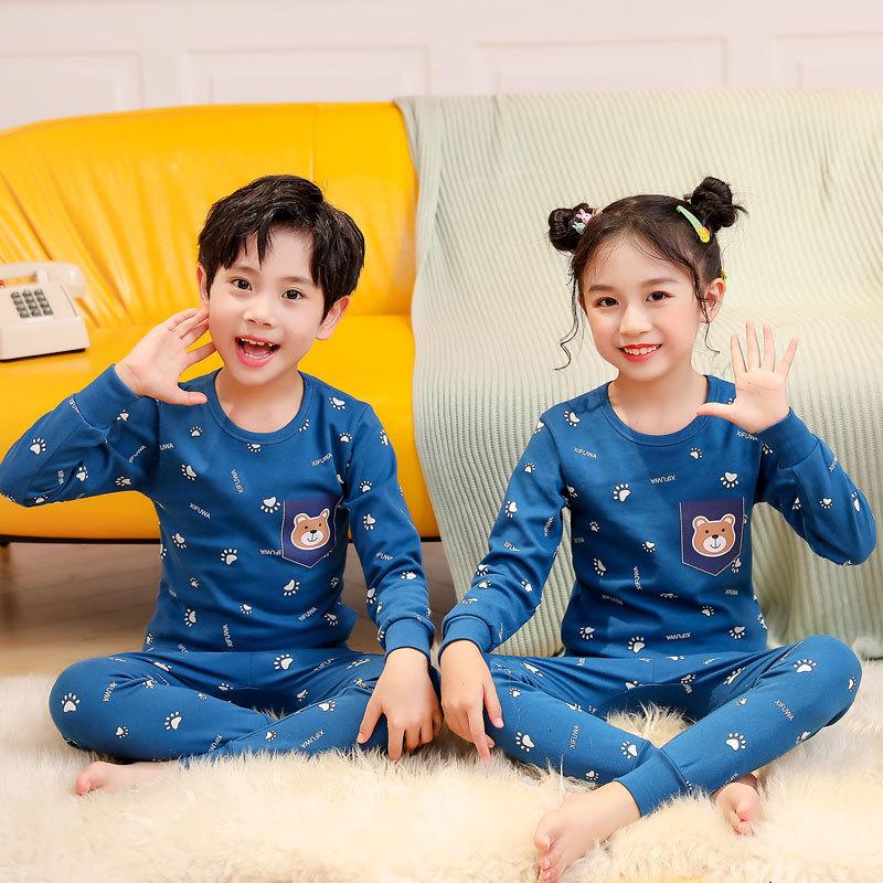 Children's thermal underwear, multi-color cartoon printing, cotton material, two-piece set of boys and girls pajamas in autumn and winter