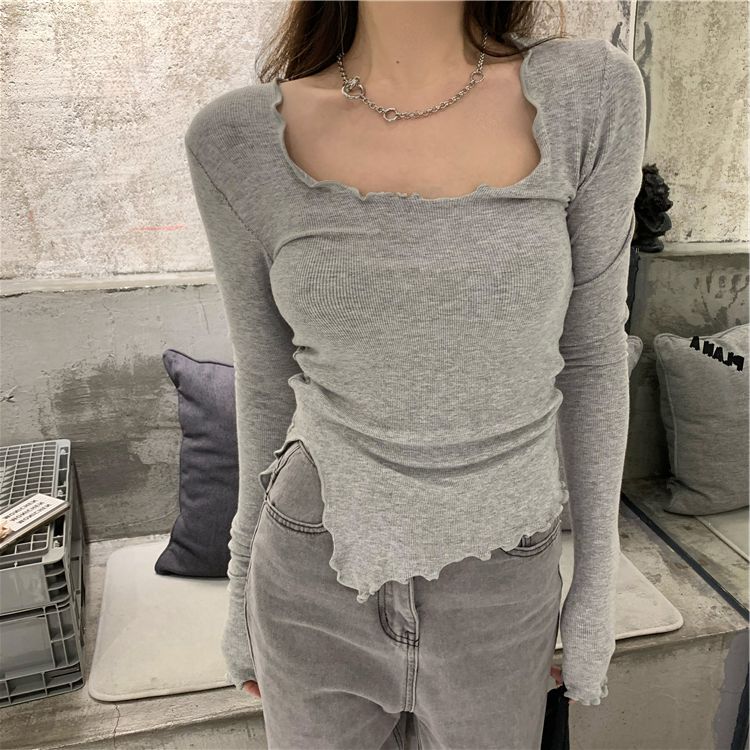 Футболки с длинным рукавом, женские вязаные стройные осенние футболки с неровным подолом, шикарные модные сексуальные однотонные футболки