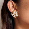 Trendy Gold Color Metal Pearl Flower Stud Earrings for Women Girl Stainless Steel Elegant Statement Daily Wear Zircon Bijoux