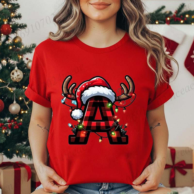 Christmas Alphabet Printed TShirt for Unisex Unisex Fashion Trendy Funny Casual Tops Santa Hat Reindeer Graphic Tshirt T Shirt