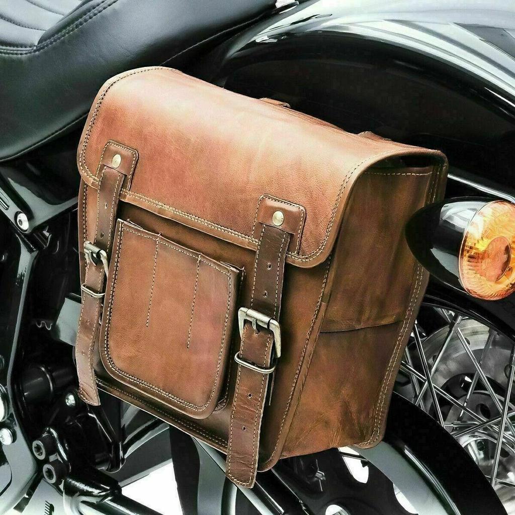 Motorcycle 1 Saddle Side Bag Retro Genuine Goat Leather Handlebar Luggage Tool