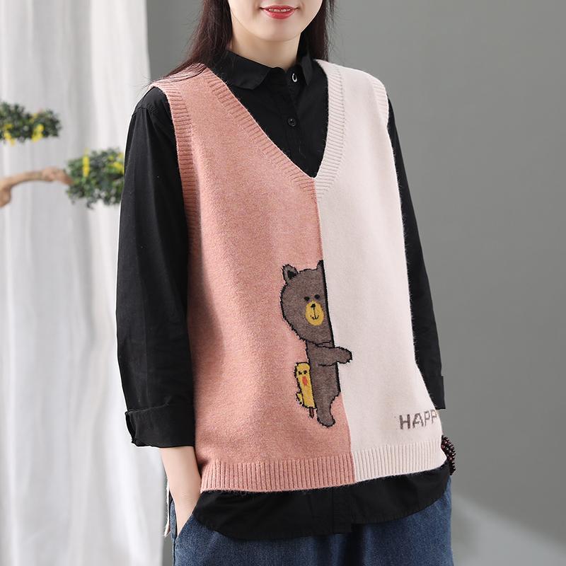 Весенне-осенний женский новый стильный вязаный жилет в стиле ретро с медведем, женский свободный повседневный свитер с v-образным вырезом и топом