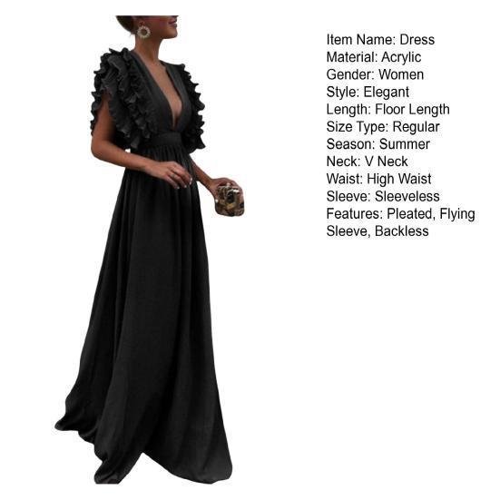 Женское вечернее платье с глубоким вырезом и V-образным вырезом с летающими рукавами Многослойное плиссированное платье с высокой талией и высокой талией Сплошной цвет Длина пола Пром Коктейльное платье макси