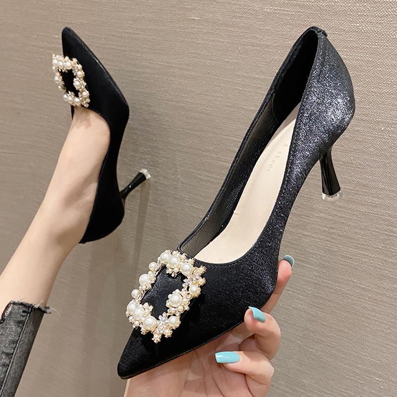 Женские туфли, новые свадебные туфли на высоком каблуке с острым носком, туфли феи фэншуй с квадратной пряжкой и бриллиантами, женская обувь на шпильке