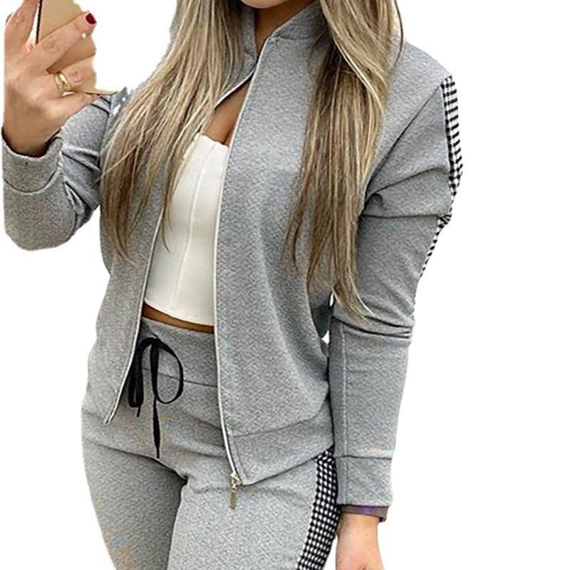 Осень   Женский Длинный Спортивный Костюм для Отдыха - Клетчатый Комплект Пэчворк с Отделкой Молниями