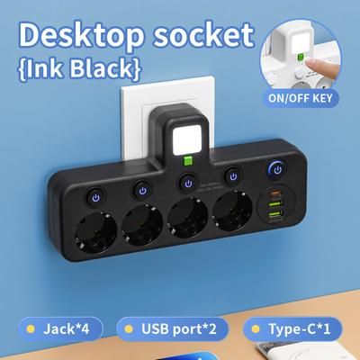 Европейская вилка 4 розетки Многоконтактный настенный удлинитель Электрическая розетка без удлинителя с 2 портами USB 1 Type-C Максимальная мощность 00 Вт