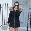Women's Mid-Length Black Puffer Coat with Raccoon Fur Trim Hood, Gold Zipper Detail, Winter Outerwear