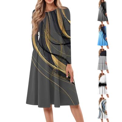 Женское повседневное модное платье миди с круглым вырезом и длинными рукавами