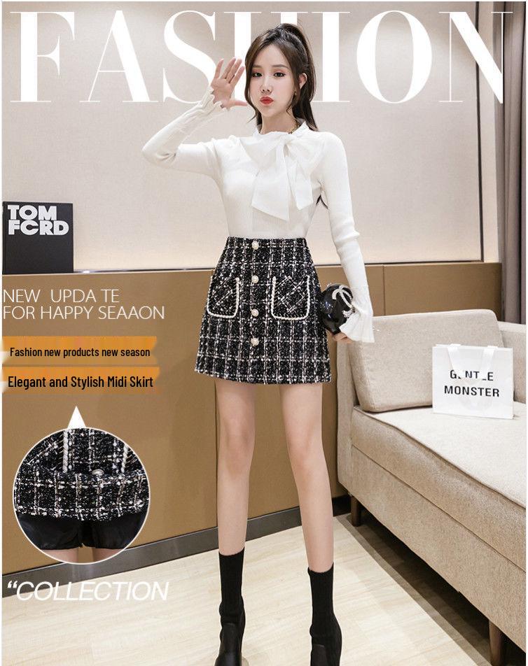2025 Юбка А-силуэта из твида в клетку с высокой талией в корейском стиле для женщин - Осенне-зимняя короткая приталенная юбка