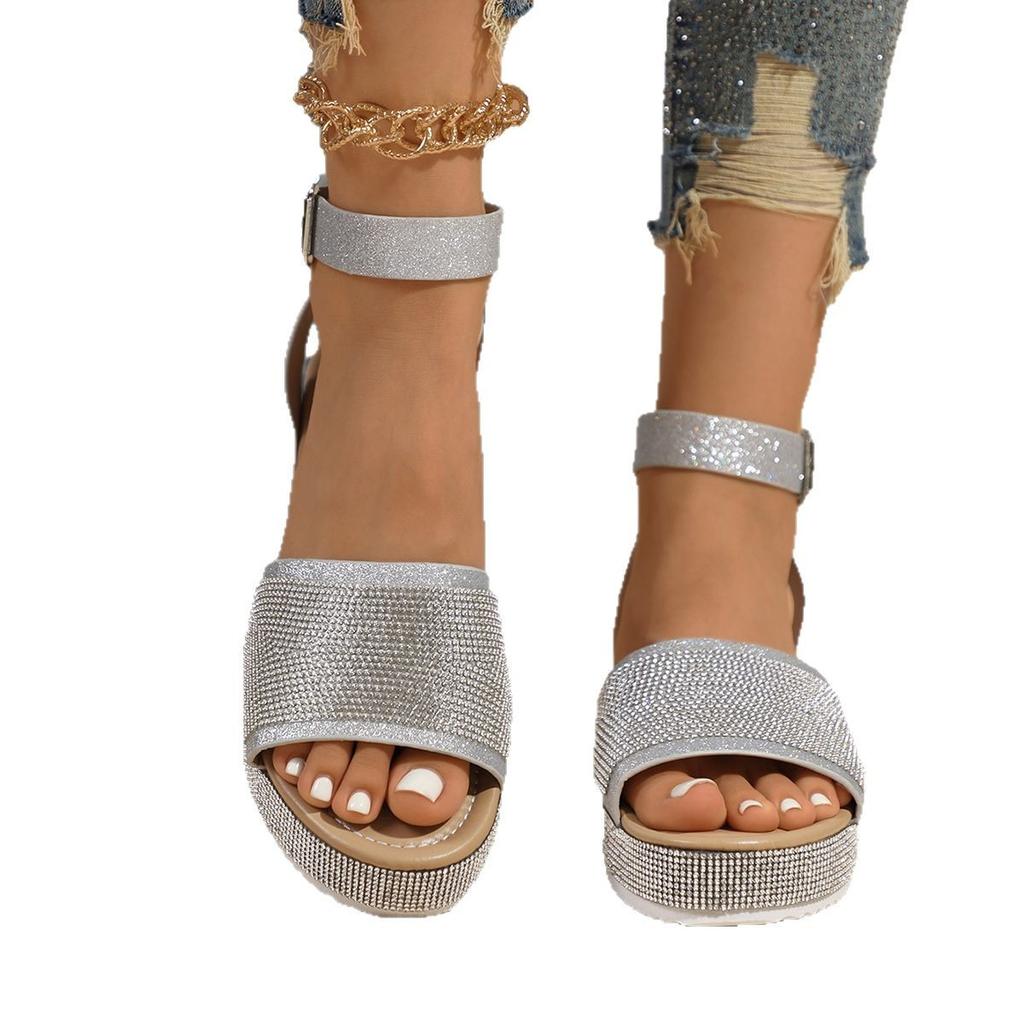 Летние новые босоножки на танкетке с пряжкой, универсальные, средний каблук, толстая подошва, тонкие, блестящие, полностью ромбовидные женские босоножки