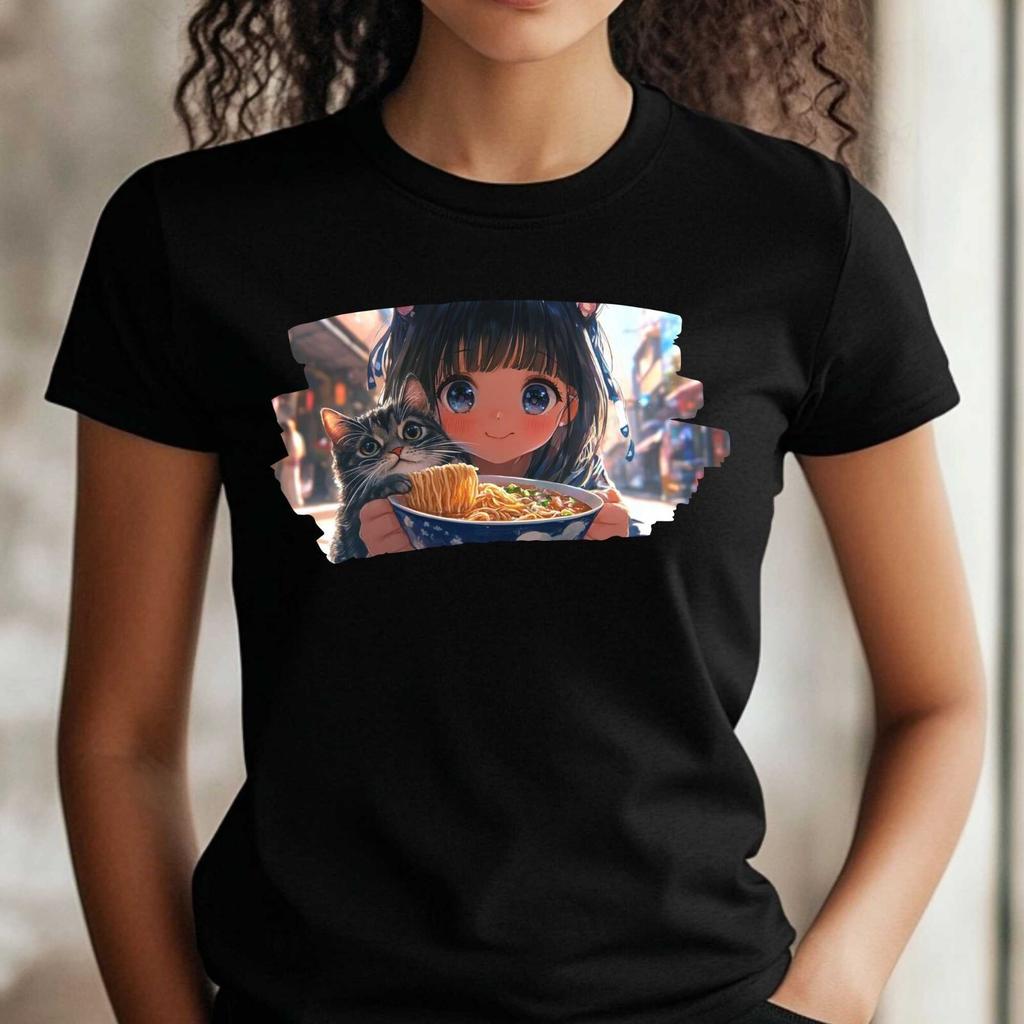 T-Shirt Frauen Anime Mädchen mit Katze Motiv Baumwolle Größe XS bis 3XLWird in neuem Fenster oder Tab geöffnet