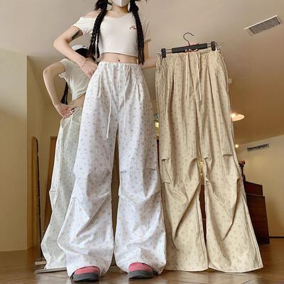 Цветочные рабочие брюки для женщин летом с высокой талией свободные повседневные широкие брюки ретро белые спортивные брюки