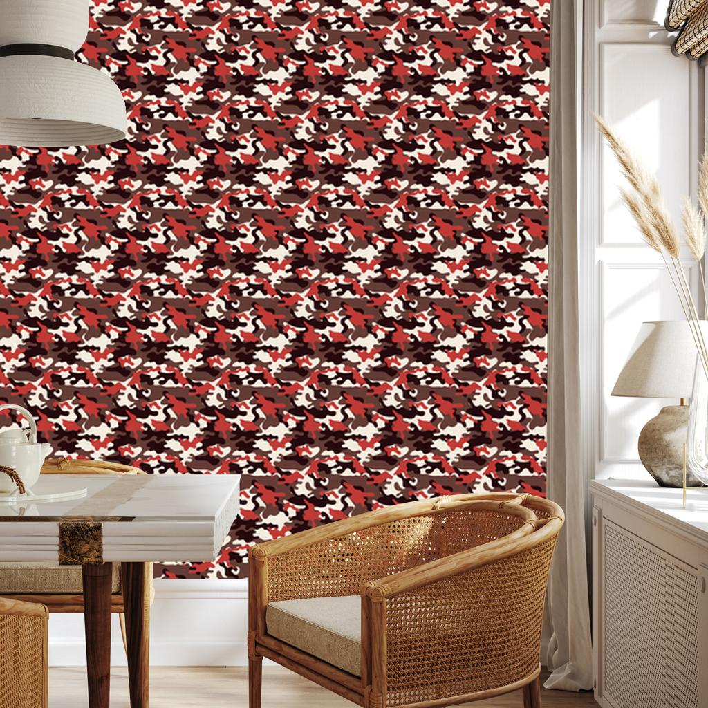 Military camouflage wallpaper red, burgundy and beige 50x1000