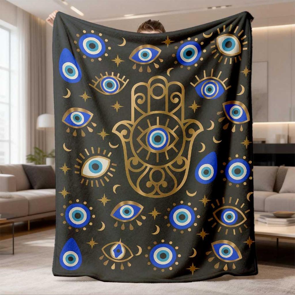 1pc Bohemian Hamsa Hand & Evil Eye Blanket - Ultrasound-Pressed Soft Hypoallergenic Polyester Flannel Suitable for Bed, Couch, Camping - - Indoor/Outd