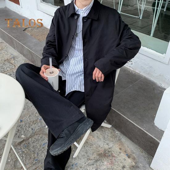 Мужская ветровка, пальто с лацканами, длинный рукав, двубортный тренчкот с карманами, однотонный, свободный крой, повседневная верхняя одежда средней длины