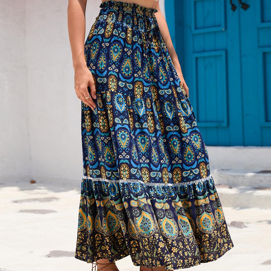 2025 Spring Summer Bohemian Ethnic Lace Trim Cotton Maxi Skirt, Vacation Style Long Skirt