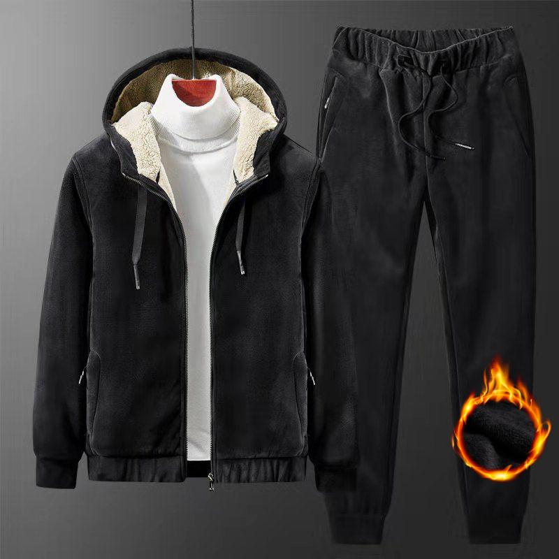 Золотой бархат плюс бархат Толстый свитер Костюм Мужской Флисовая куртка из овечьей шерсти Большой размер Мужской костюм-двойка Мужской