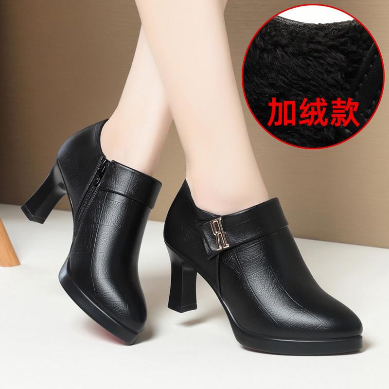 Комфортные туфли-лодочки из мягкой кожи с глубоким вырезом, нескользящие, женские, на платформе, осенне-зимние, плюшевые, женские, черные, на высоком каблуке, офисные, обувь для мамы